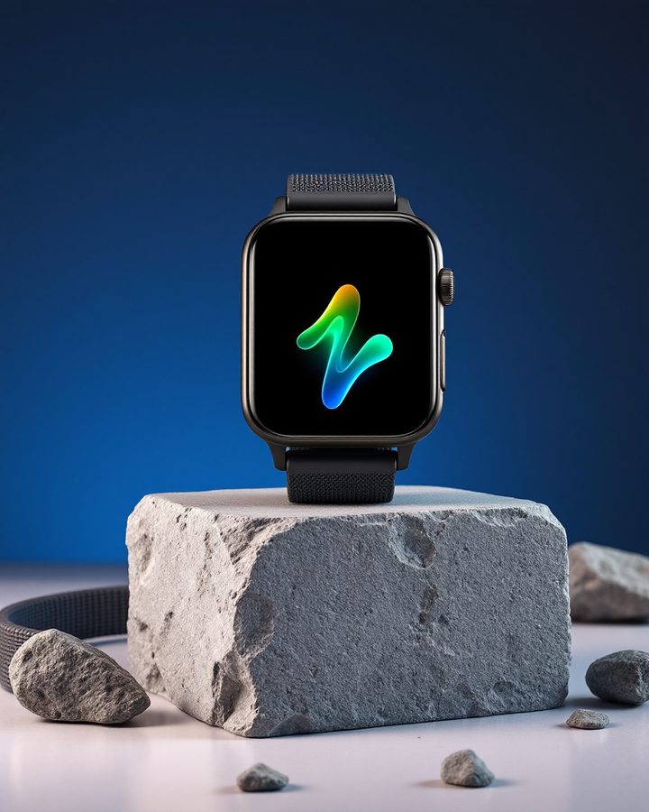 Montre connectée posée sur un bloc de pierre, écran turquoise et vert allumé, fond bleu nuit