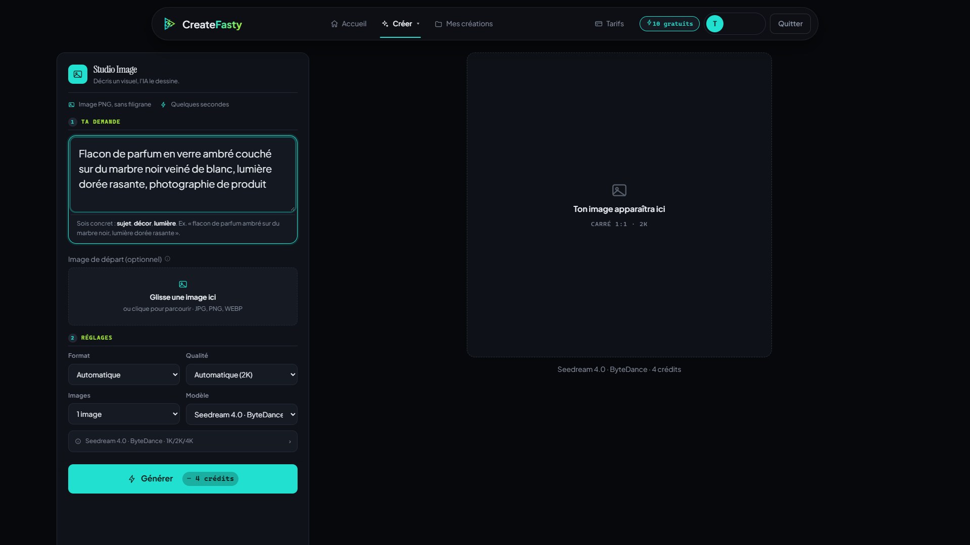 The CreateFasty Image studio: your request on the left, the cost on the Generate button, the result area on the right