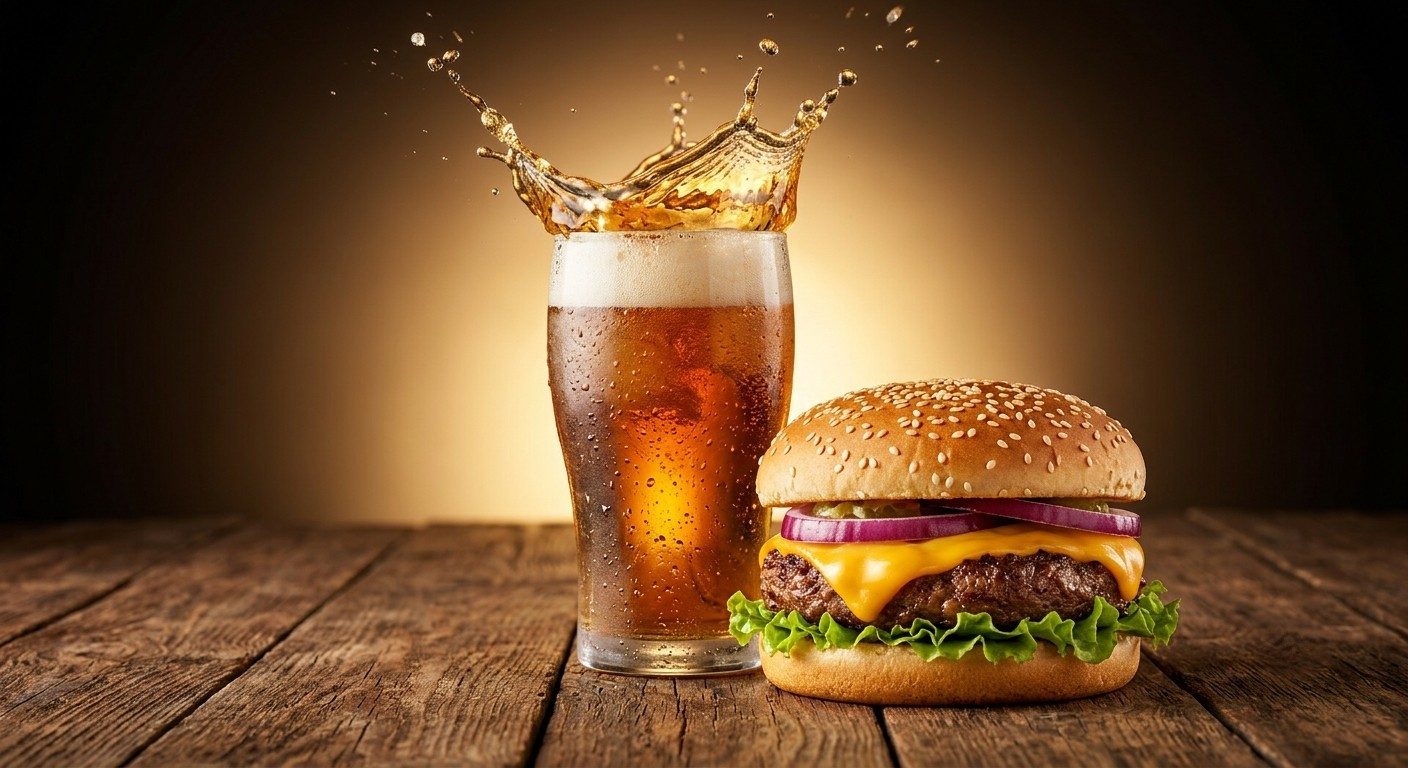 cheeseburger au bœuf grillé et soda glacé, couronne d'éclaboussure, table en bois