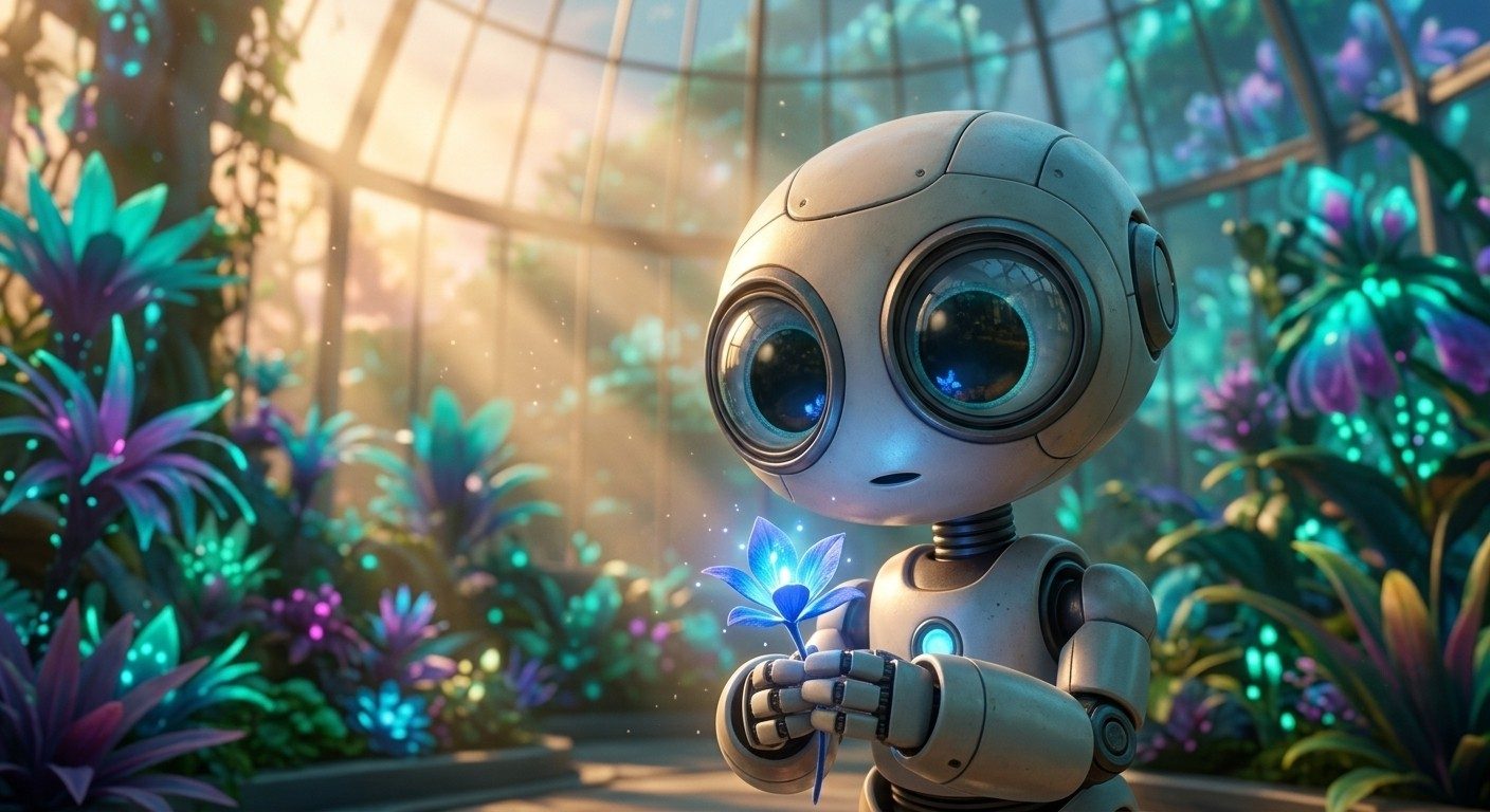 AI-generated 3D character: a small robot holding a glowing flower